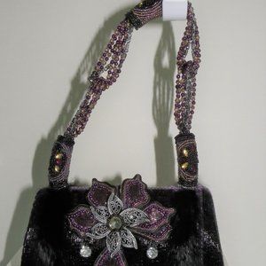 Mary Frances Black beaded and fur handbag purse